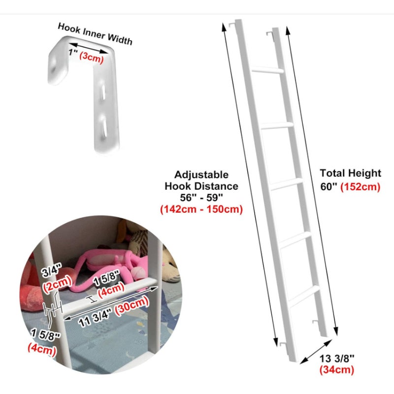 White Bunk Bed Ladder 60 inch with 4 Hooks, One Piece Steel Structure