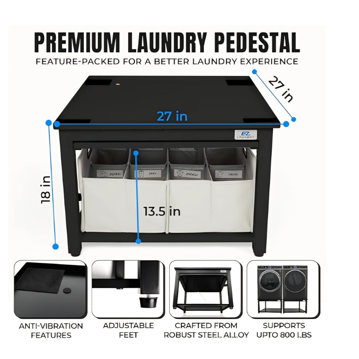 Washer and Dryer Pedestals with Pullout-Shelf - 27" W, 18" H, Black Steel Universal