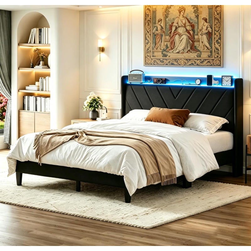 Full Size Bed Frame with Charging Station and LED Lights, Wingback Bed Frame with Headboard