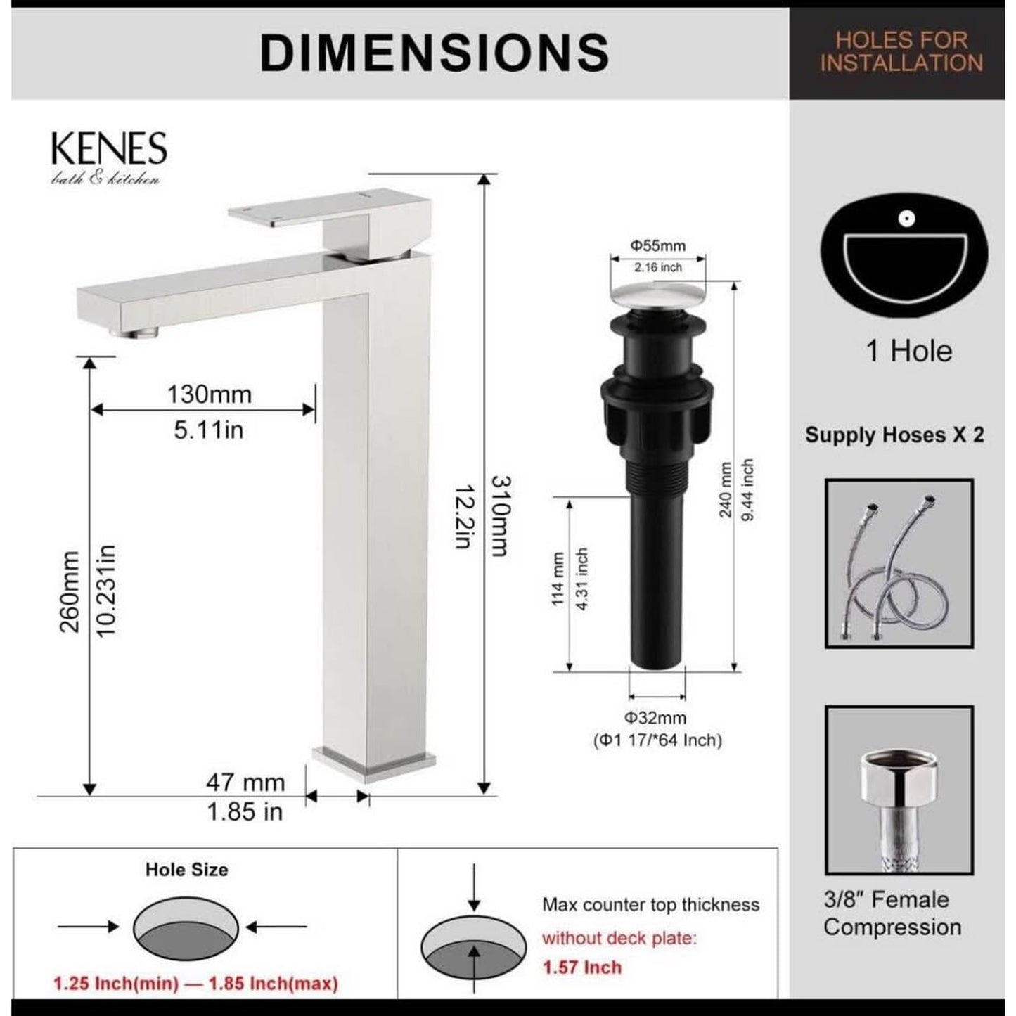 KENES Brushed Nickel Vessel Sink Facuet Single Handle Tall Bathroom Sink Faucet Vanity Bathroom Fauc