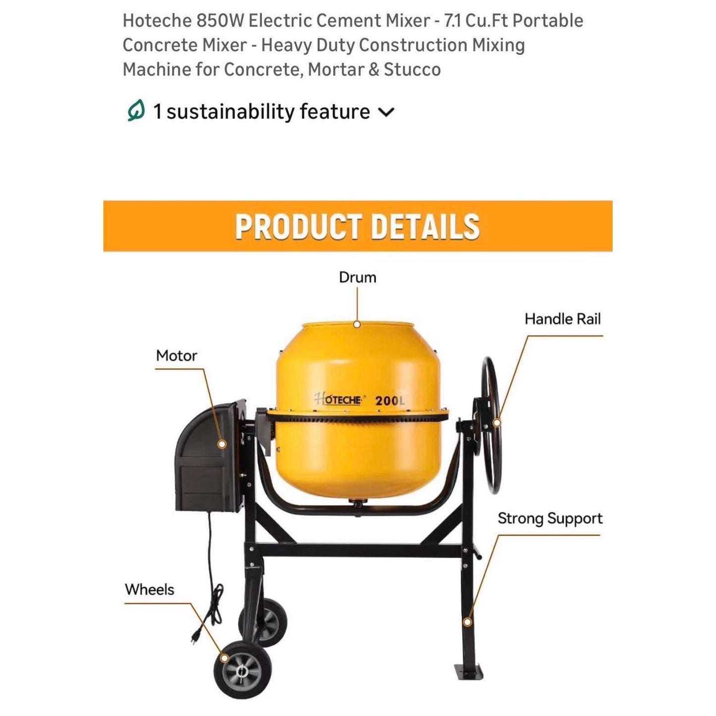 Hoteche 850W Electric Cement Mixer 7.1 Cu.Ft Portable Concrete Mixer