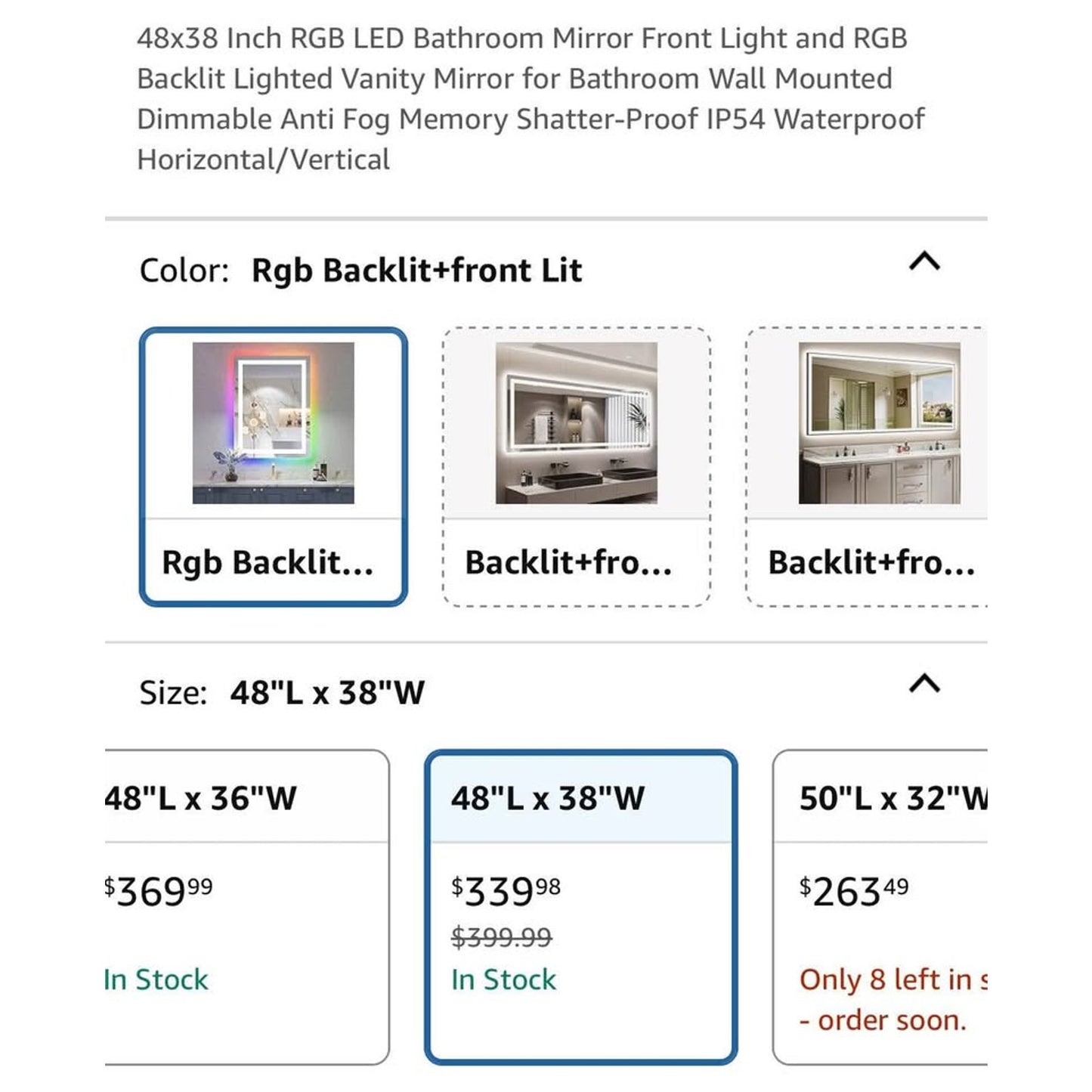 48x38 Inch RGB LED Bathroom Mirror Front Light and RGB Backlit Lighted Vanity Mirror for Bathroom Wa
