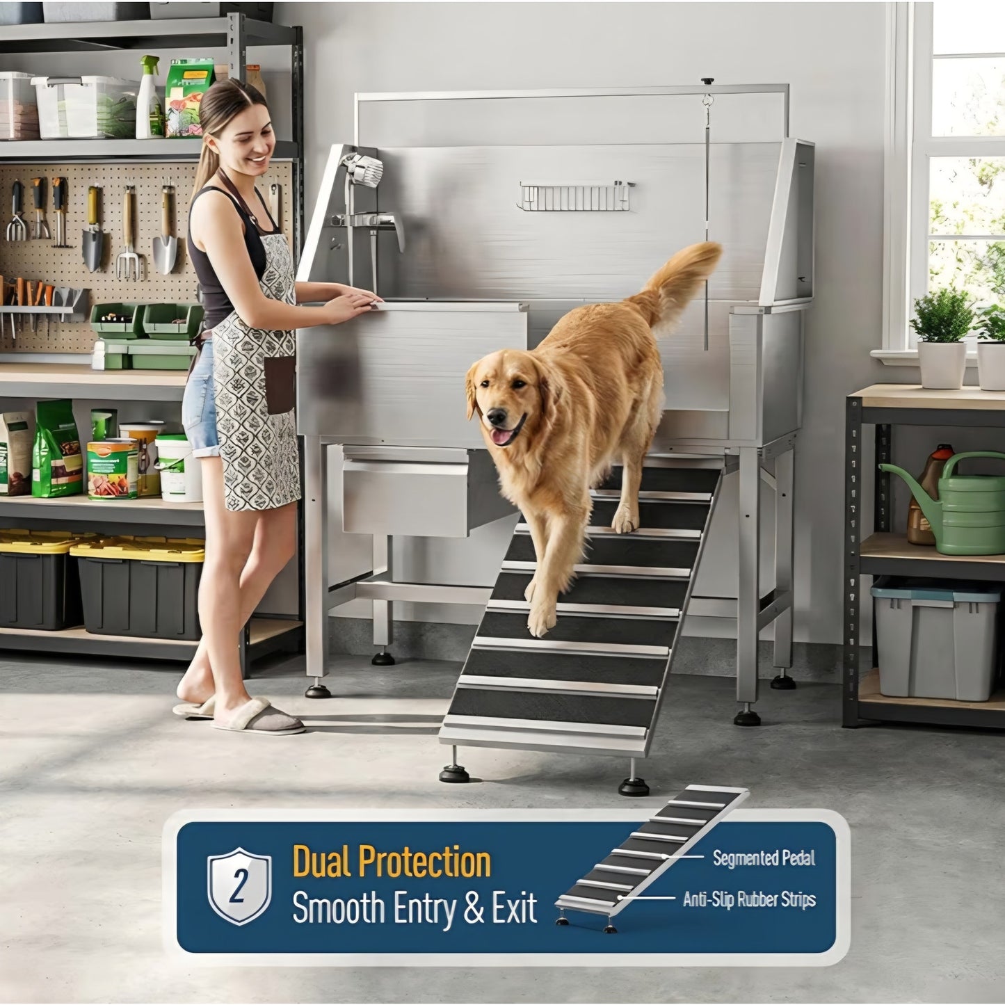 46" Heavy Duty Dog Washing Station - 304 Stainless Steel Pet Bathing Tub with Right Side Ramp
