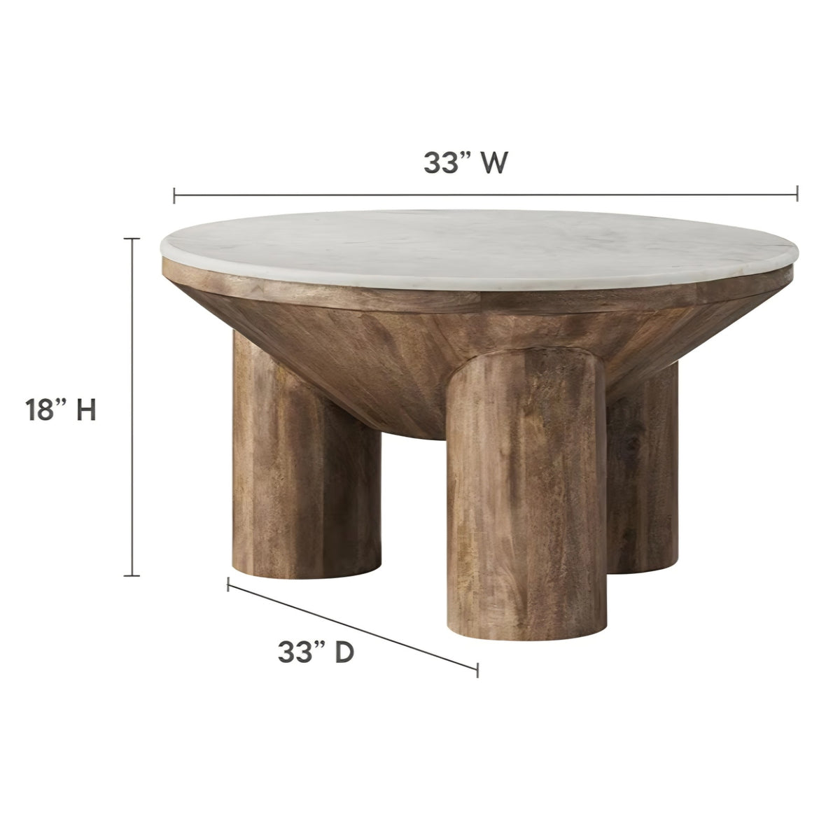 Ellison 33 Inch Round Mango Wood Coffee Table in Walnut with Marble Top