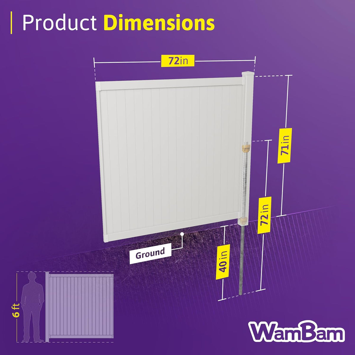 6ft H x 6ft W (1 Panel + 1 Post) Permanent No Dig WamBam Cambridge Fence Kit, Durable White Vinyl.