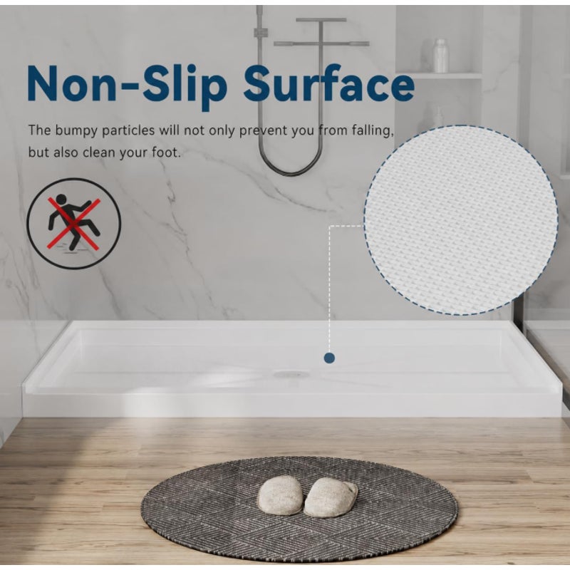 Findepot 60''L X 36''W X 4''H SMC Rectangle Shower Pan, Center Drain, White Single Threshold Shower