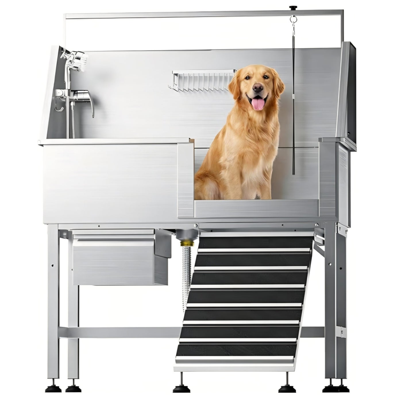 46" Heavy Duty Dog Washing Station - 304 Stainless Steel Pet Bathing Tub with Right Side Ramp