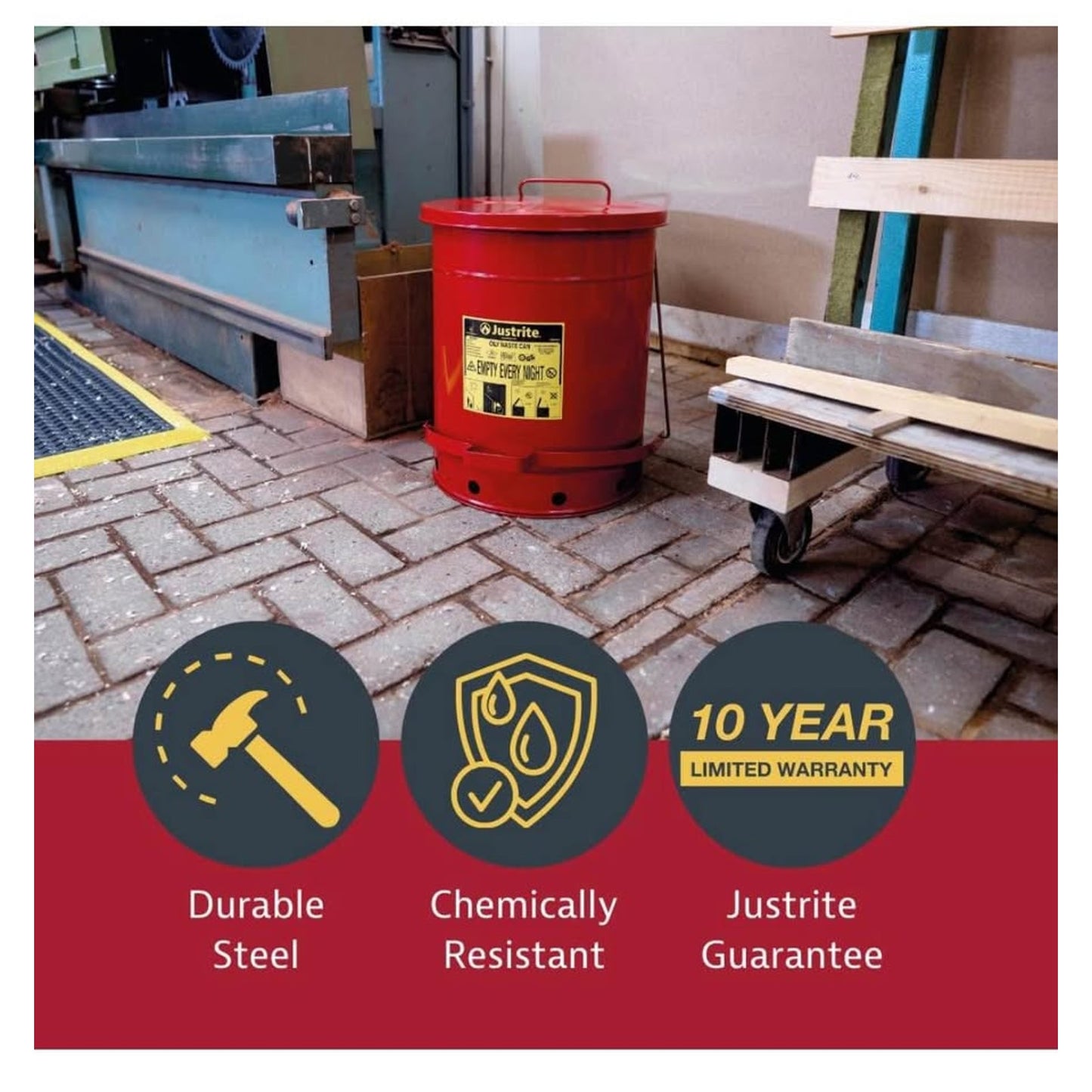 Justrite 6 Gallon Galvanized Steel Oily Waste Can, 16" x 12" Metal Oil Rag Safety Can with Quiet Foo