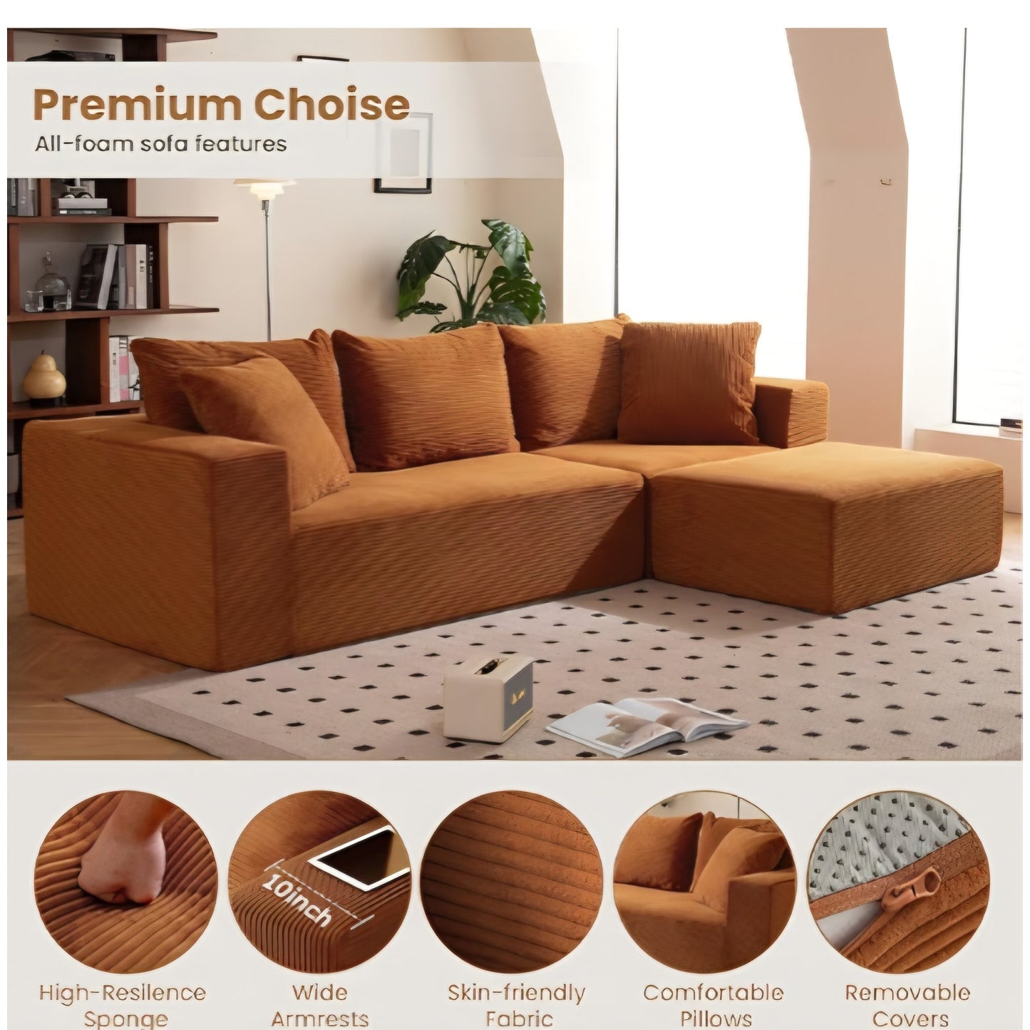 L-Shaped Boneless Couch, Modular Sectional Sofa with Moveable Ottoman