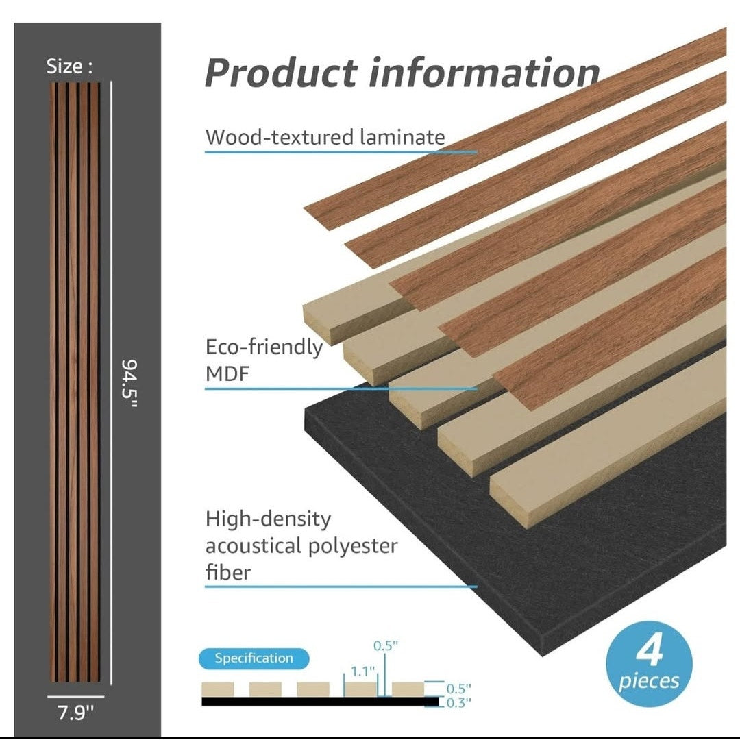 Art3d 4-Piece Wood Slat Acoustic Panels for Stylish Decor and Noise Reduction, 3D Textured Panel