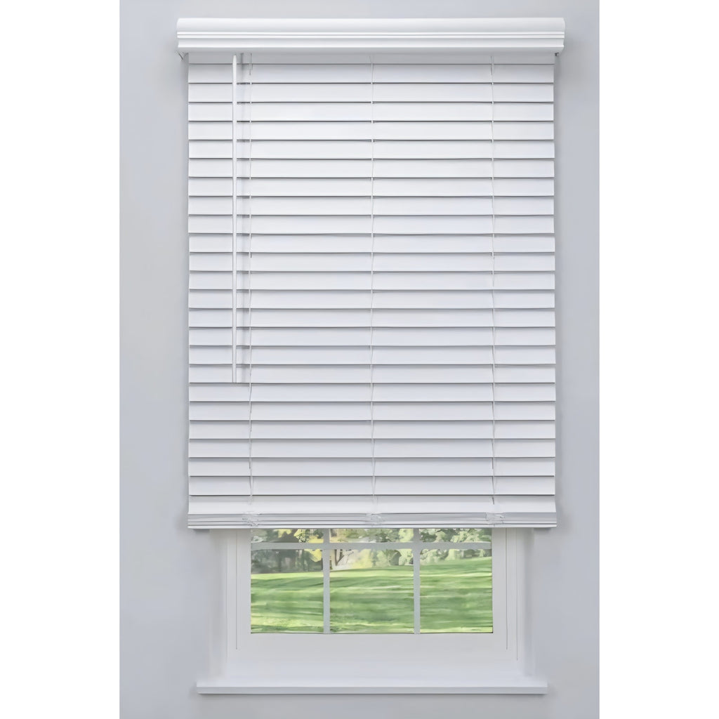 Linen Avenue Customizable Cordless Faux Wood Blind White 60 to 65 W x 56 H, Outside Mount