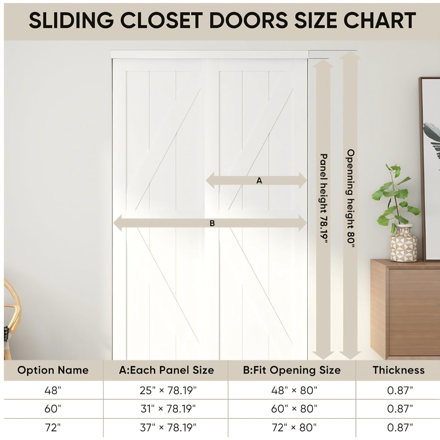 JUBEST 48"(Double 25") x80" Sliding Closet Door, K Style Bypass Closet Door