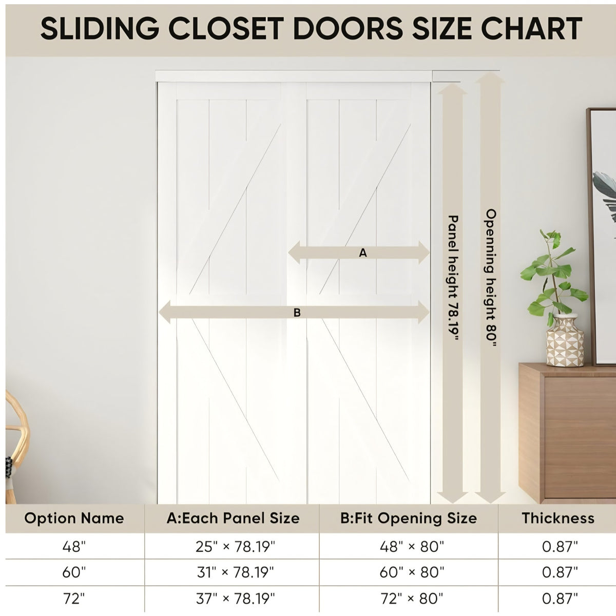 JUBEST 48"(Double 25") x80" Sliding Closet Door, K Style Bypass Closet Door