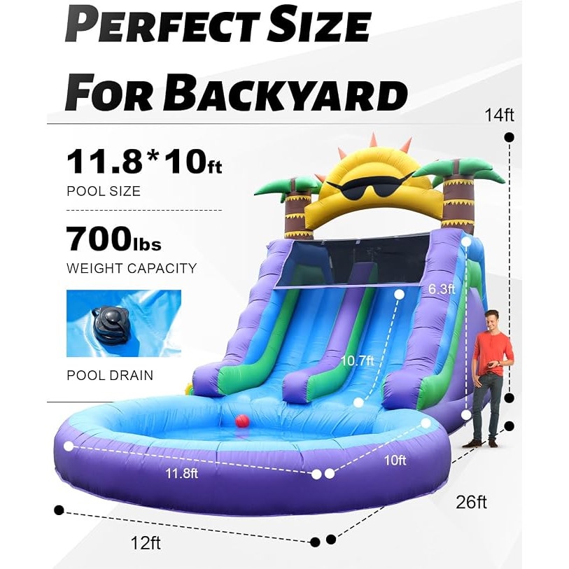 26FT Inflatable Water Slide for Kids & Adults, Full PVC, 1100W Blower, 1100W blower, 700 lb capacity