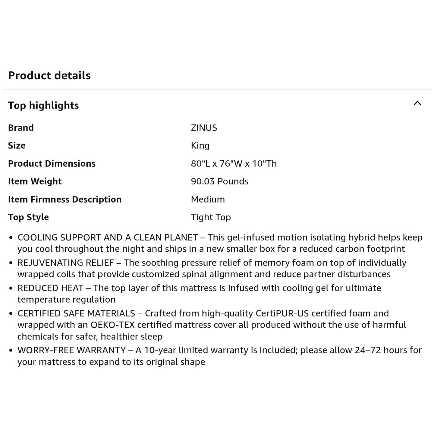 ZINUS 10 Inch King Cooling Comfort Hybrid Mattress [New Version], Fiberglass Free, Medium Firm Feel