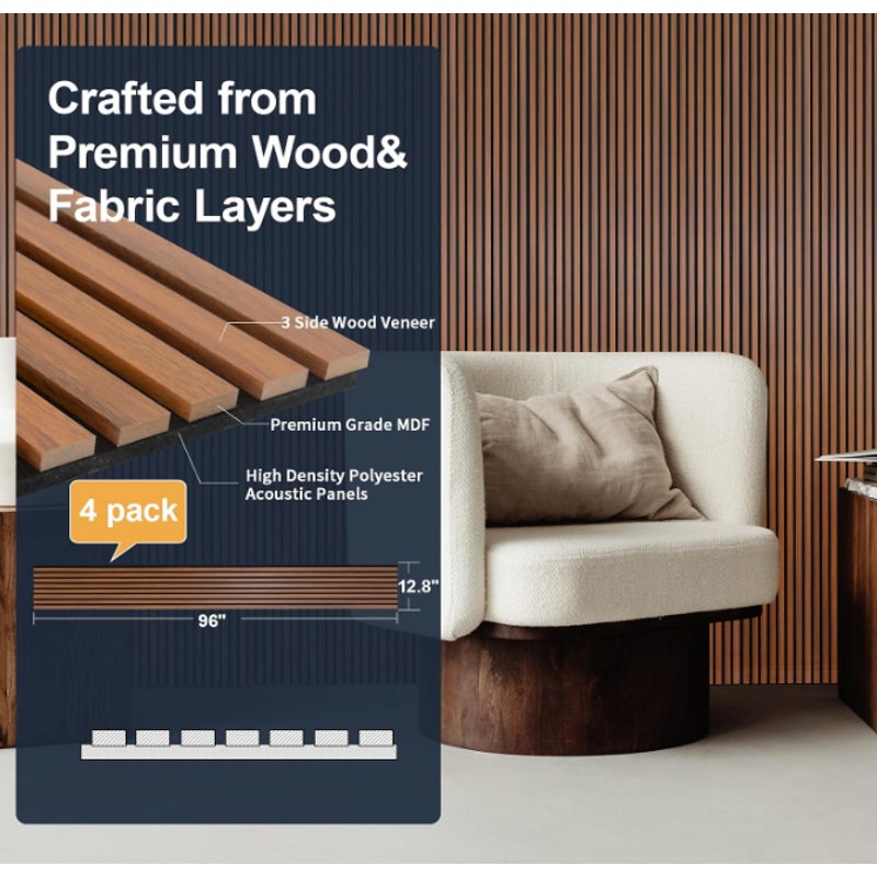 NeatiEase Wood Panels for Wall, 4-Piece 96" x 12.6" Soundproof Wood Slat Wall (Teak)