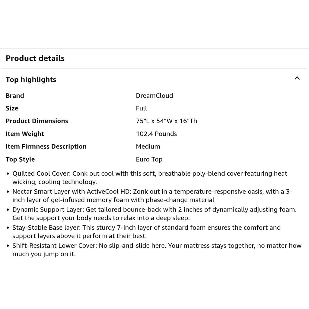 Dream Cloud Premier Rest 16" Full Mattress - Luxury Hybrid Memory Foam - 365 Night Trial - 8 Premium Pressure