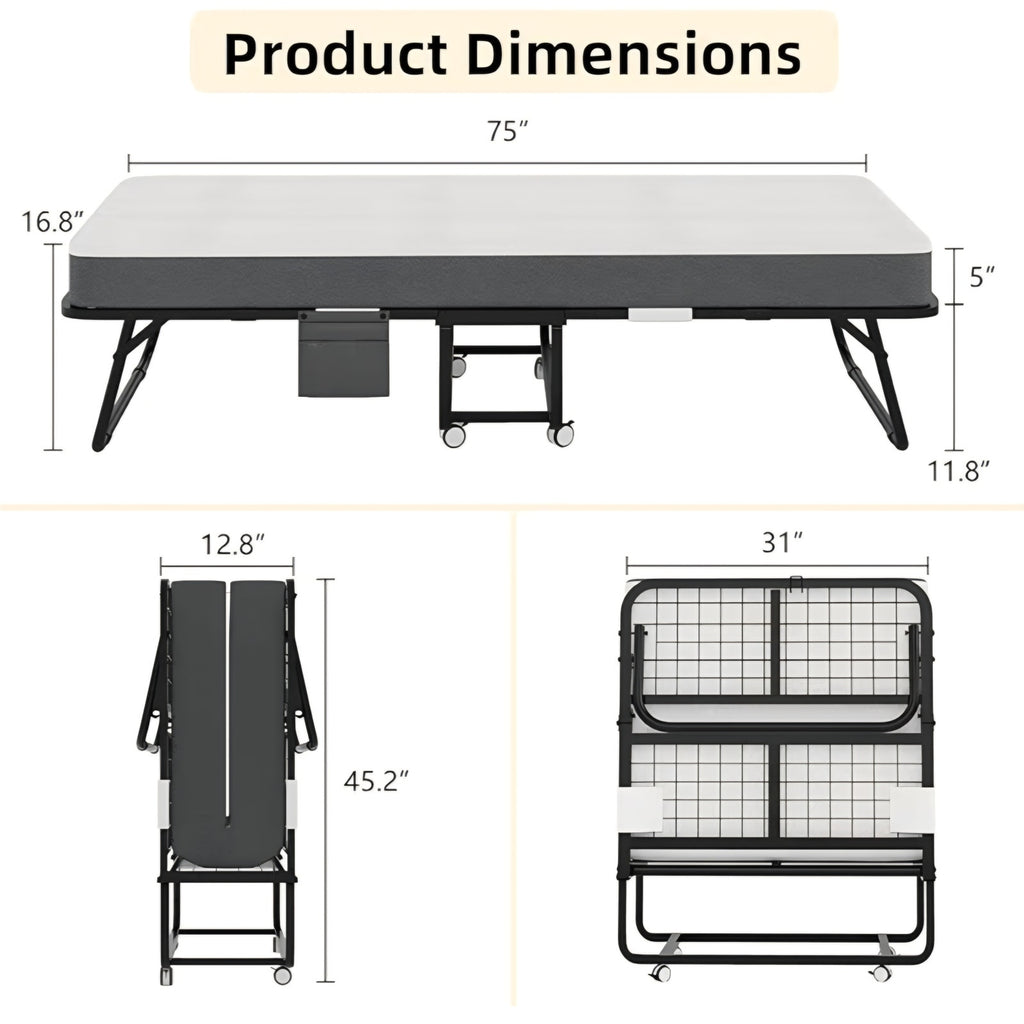 Folding Bed with Mattress, Portable Rollaway Bed for Adults - Foldable Cot Size Bed Frame with 5"
