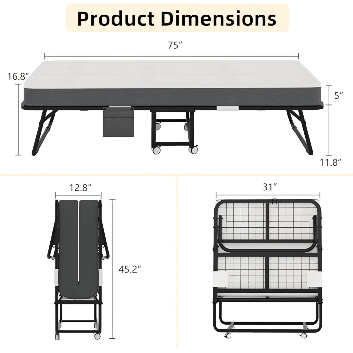 Folding Bed with Mattress, Portable Rollaway Bed for Adults - Foldable Cot Size Bed Frame with 5"