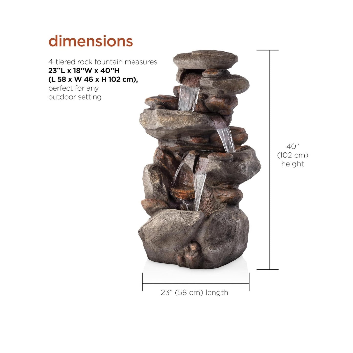 Alpine Corporation WIN316 40" Floor Fountain – 4-Tiered Rock Water Feature