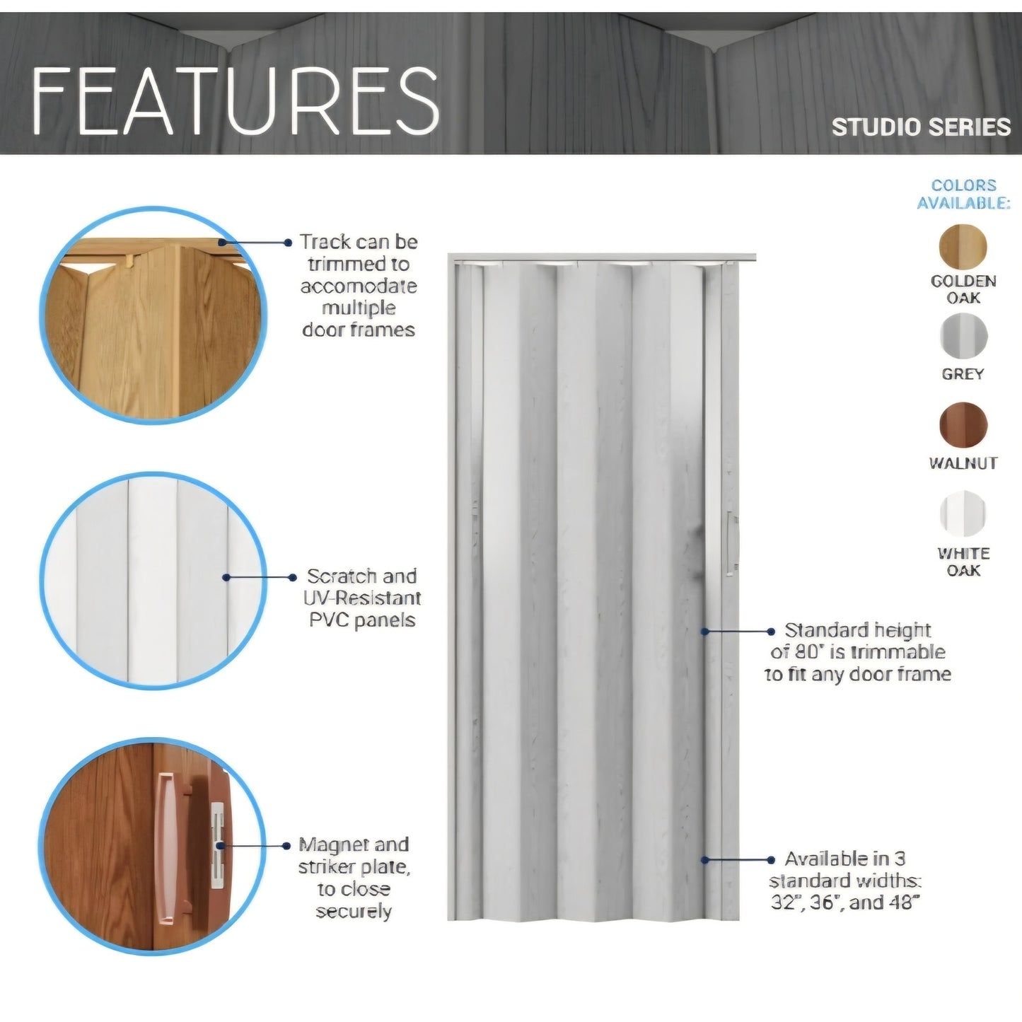 Studio Series 36" W PVC Foldable Accordion Doors, Grey
