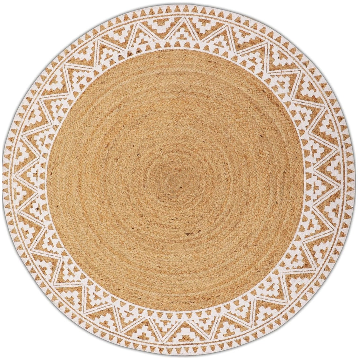 voyzz home Premium Quality Jute Braided Area Rug, 6-feet Round, White Printed Border,