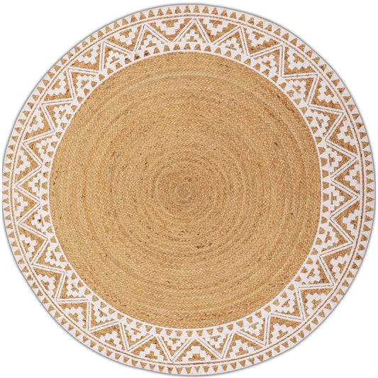 voyzz home Premium Quality Jute Braided Area Rug, 6-feet Round, White Printed Border,