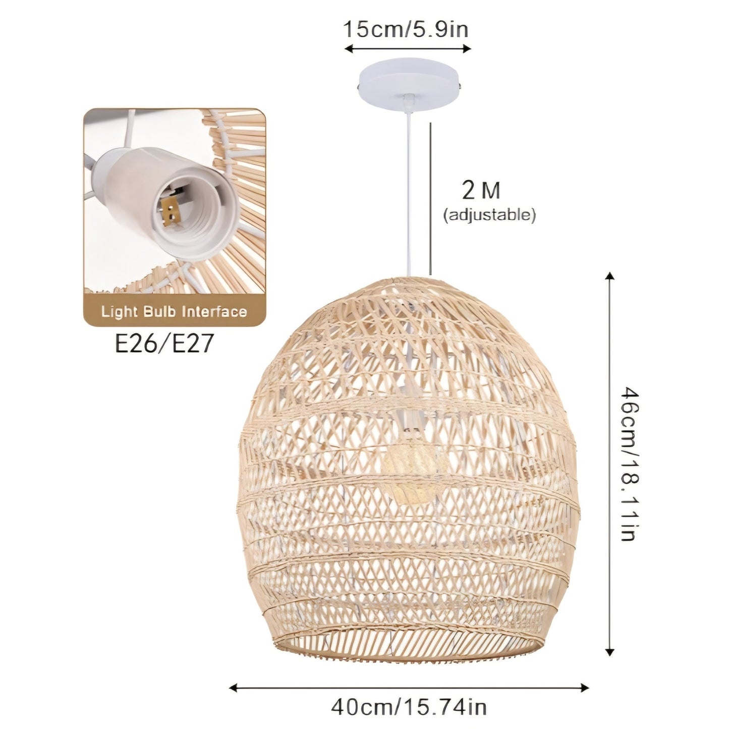 Arturesthome Boho Wicker Chandelier,W 15.7"*H 18" Rustic Rattan Basket Pendant Light Fixture Coasta