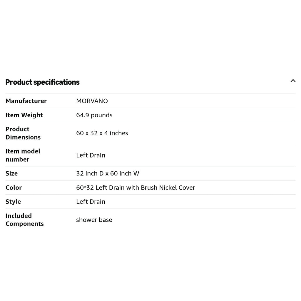 MORVANO 60 x 32 Shower Base with Single Threshold Rectangular Left Drain Location Shower