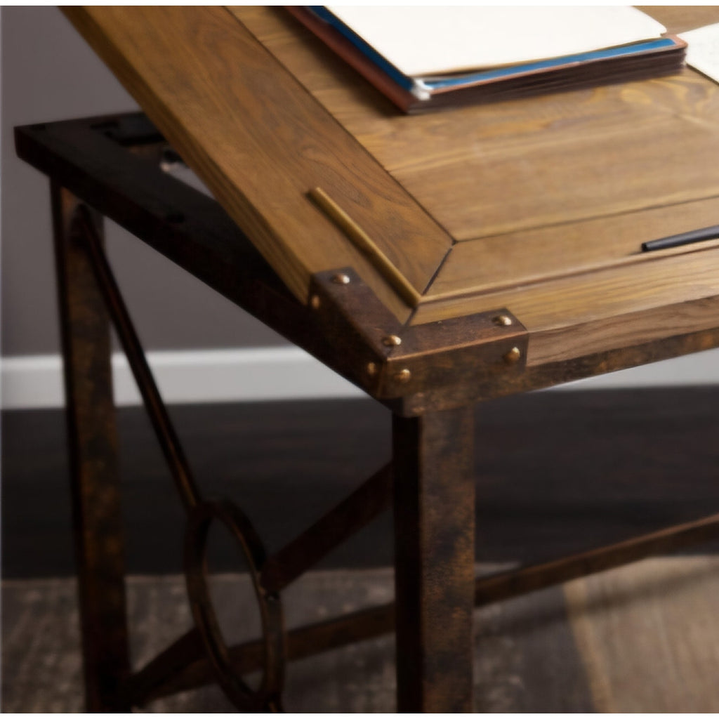 SEI FURNITURE Knightley Tilt Top Drafting Table - 51.5 inch Wide - Oak Wood Finish w/ Antique Brass