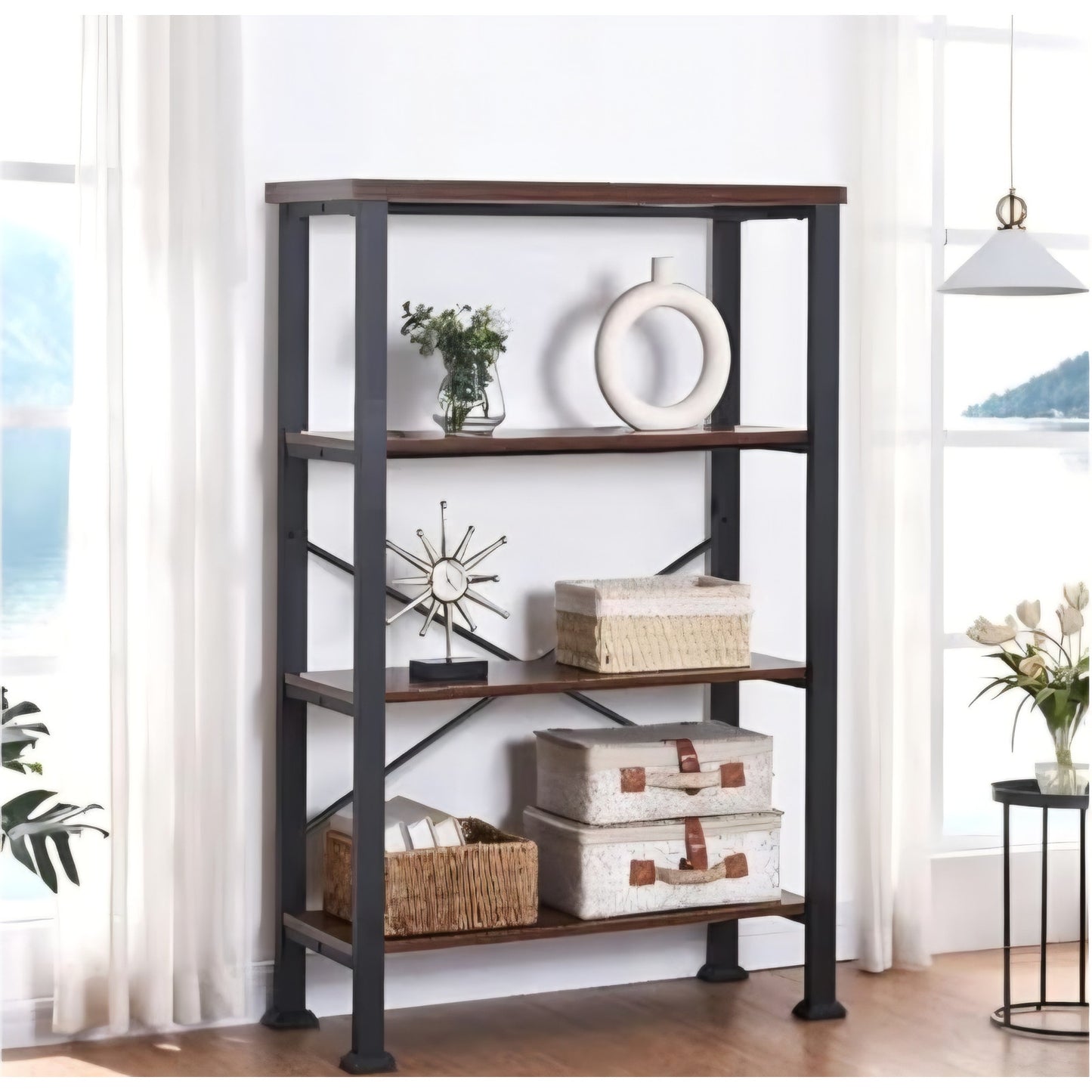 4 Tier Bookshelf,Rustic Brown Industrial Book Shelf,Engineered Wood and Metal Deep