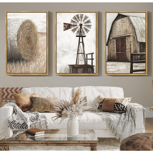 Wall Art Vintage Rustic Windmill Barn Cornfield Pictures Framed, Landscape Countryside Rural Canvas