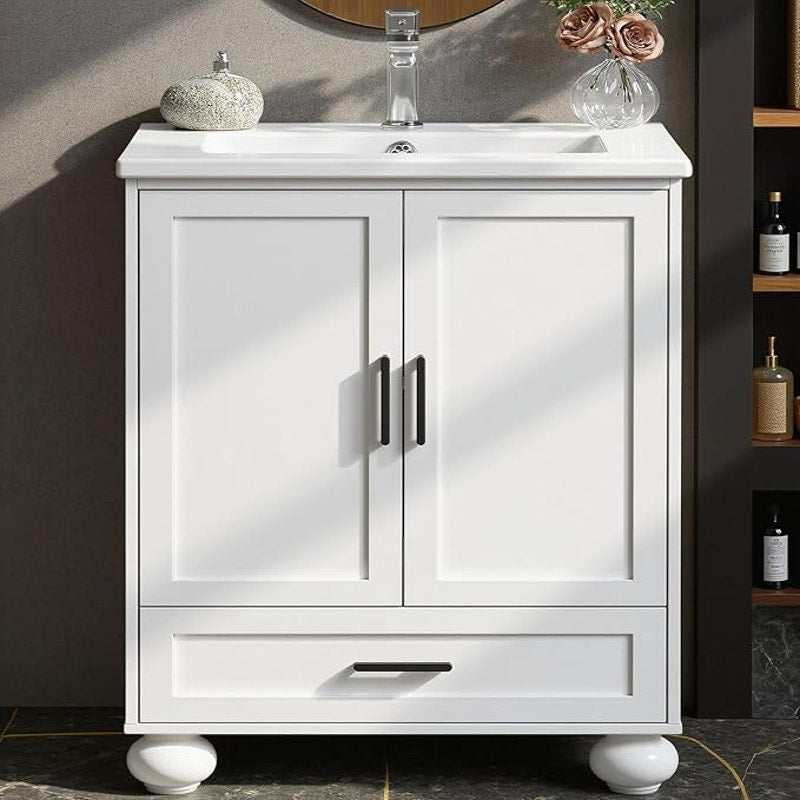 LIKIMIO 24" Bathroom Vanity with Ceramic Sink,  Solid Wood Legs, 18.3"D x 24.1"W x 33.2"H, white
