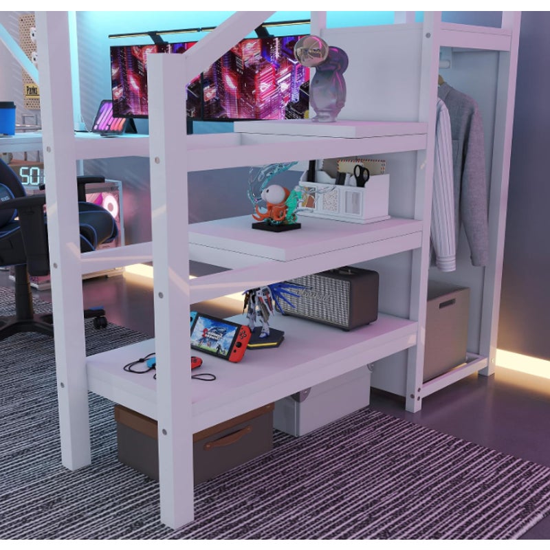 Full Size Metal Loft Bed Frame with L-Shaped Desk & Staircase & Wardrobe & USB