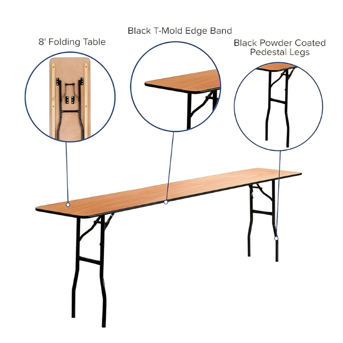 Gael 8' Wood Folding Training and Event Table, Rectangular Folding Training Table with Smooth Clear