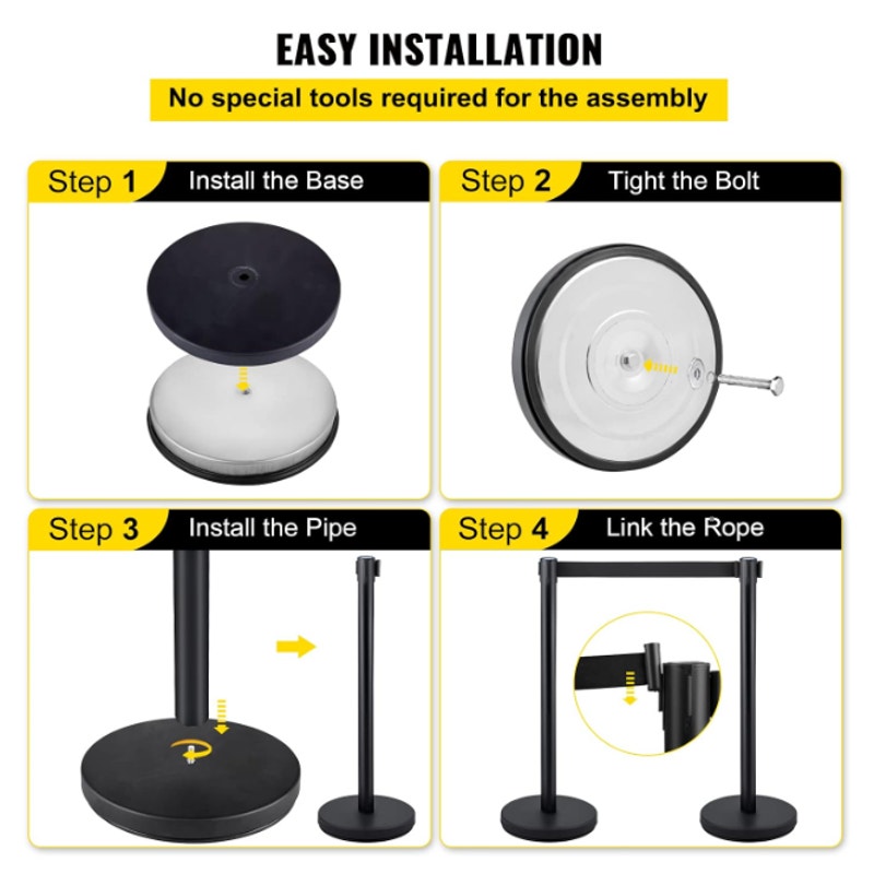 VEVOR Crowd Control Stanchion Set, Stanchion Set with 6.6 ft/2 m Black Retractable Belt