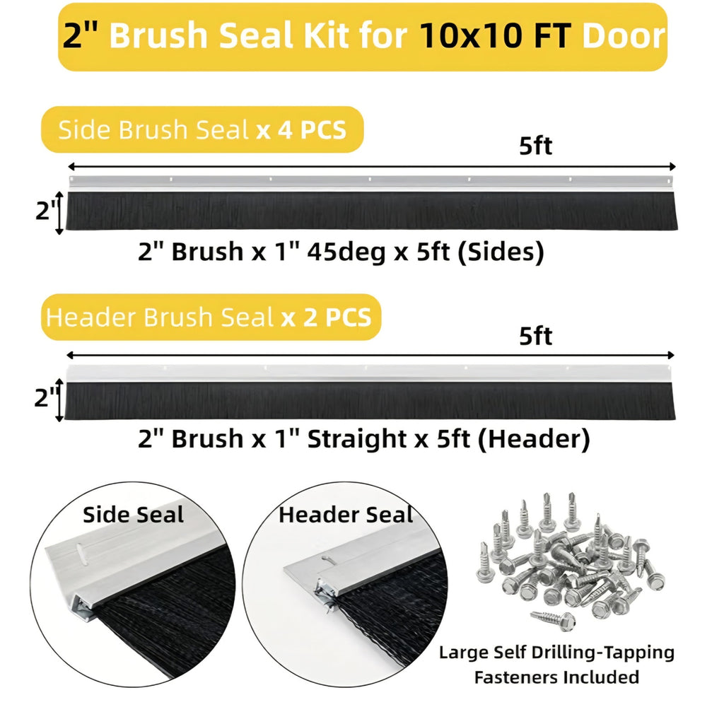 30 FT Garage Door Brush Seal Kit for 10'W X 10'H Doors, 2" High-Density Nylon