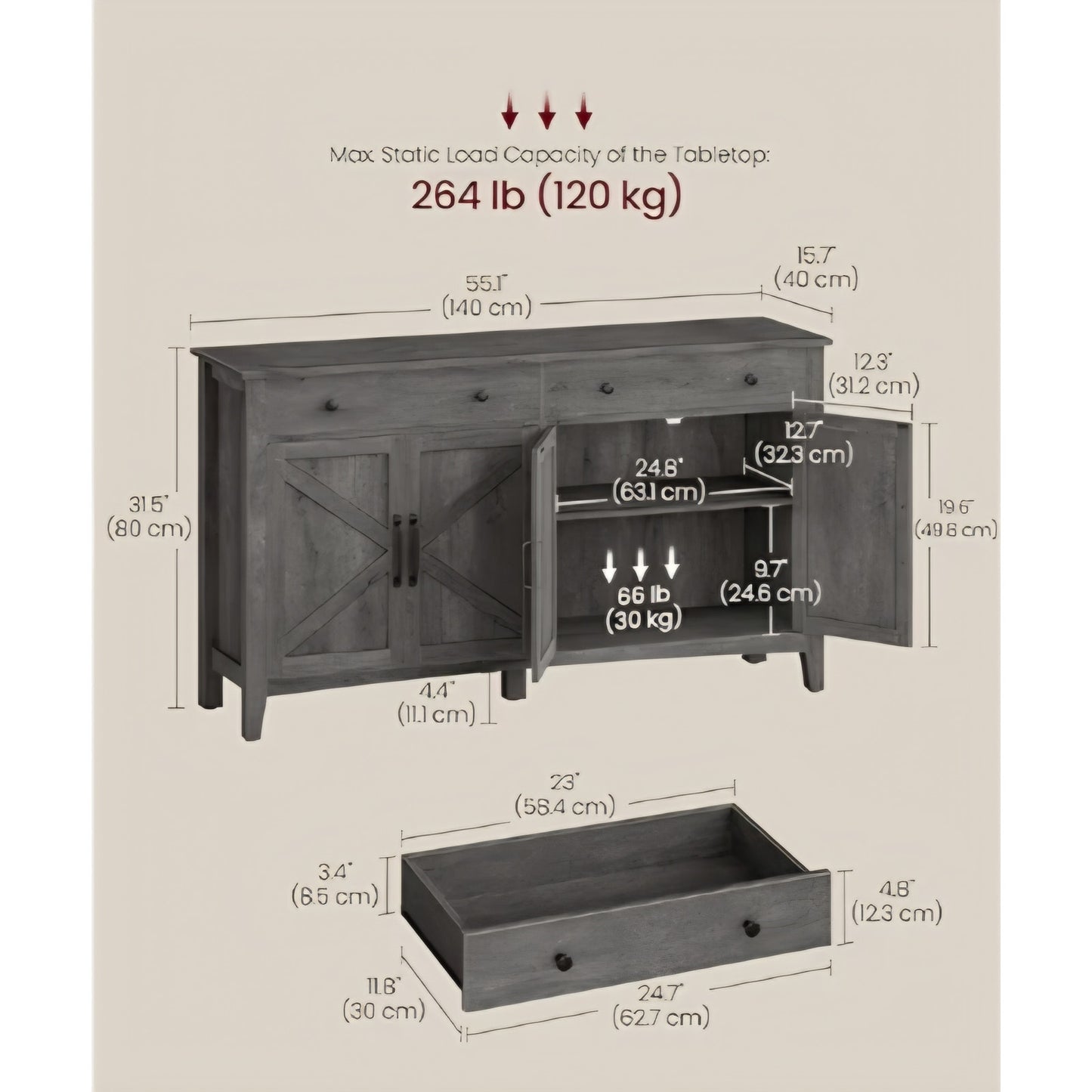 Buffet Cabinet, Coffee Bar Cabinet with 2 Drawers, Adjustable Shelves, Sideboard Storage