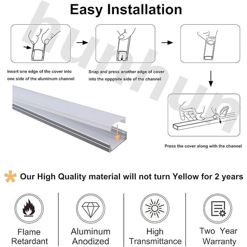 hunhun 20-Pack 6.6ft/ 2Meter U Shape LED Al. Channel System, Milky Cover, End Caps & Mounting Clips