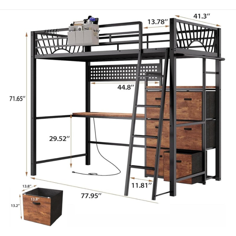 Decofy Twin Loft Bed with Desk and 6 Storage Drawers, Metal Loft Bed Twin Size