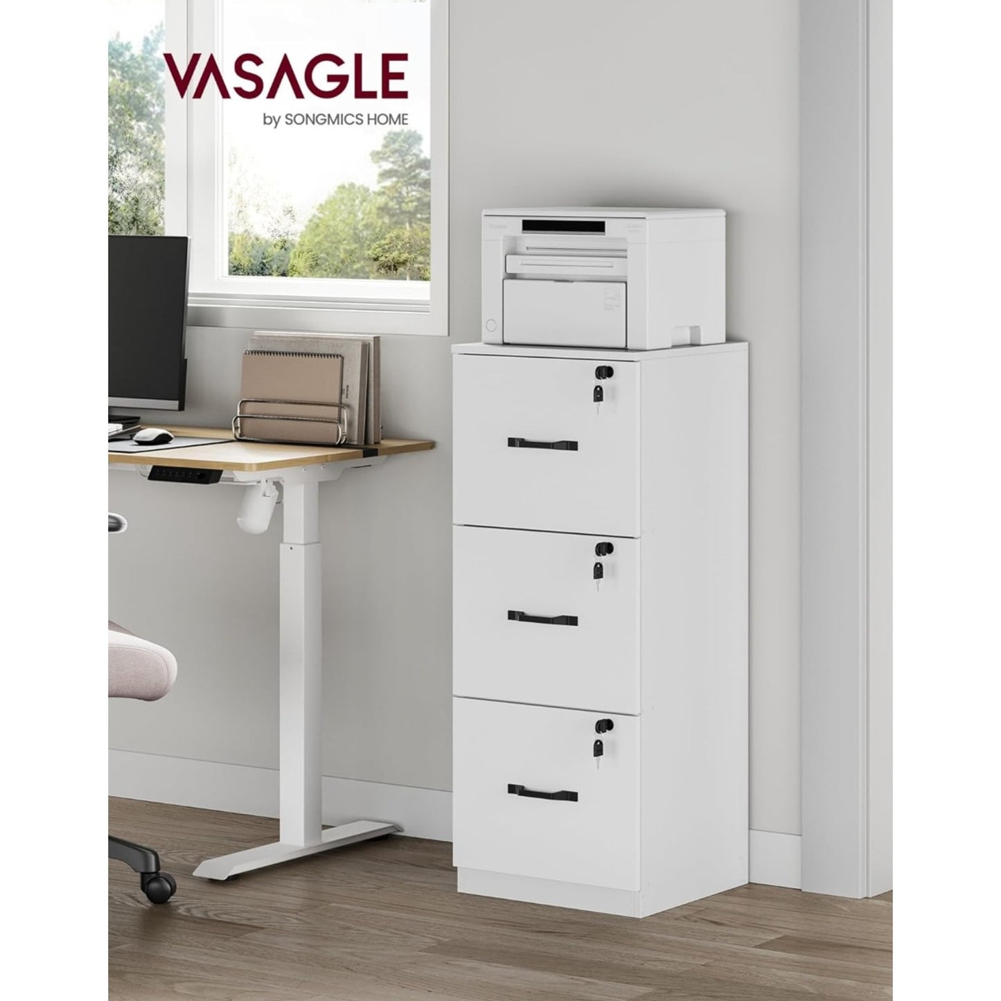 VASAGLE 3 Drawer File Cabinet, File Cabinet with Lock, Printer Stand, Office Filing Cabinet Organiz