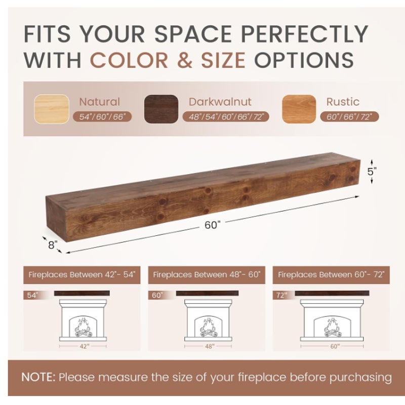 60'' Fireplace Mantel, 5'' Pine Wood Floating Shelf, DarkWalnut Handcrafted Mantel Shelves, 60x8x5"