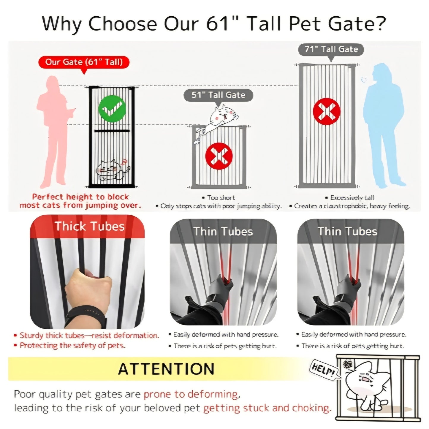 Lumizone Extra Tall Cat Gate 61.02" High Pressure Mounted Extra Wide 30.12"-34.05" (17Sizes) 1.37"