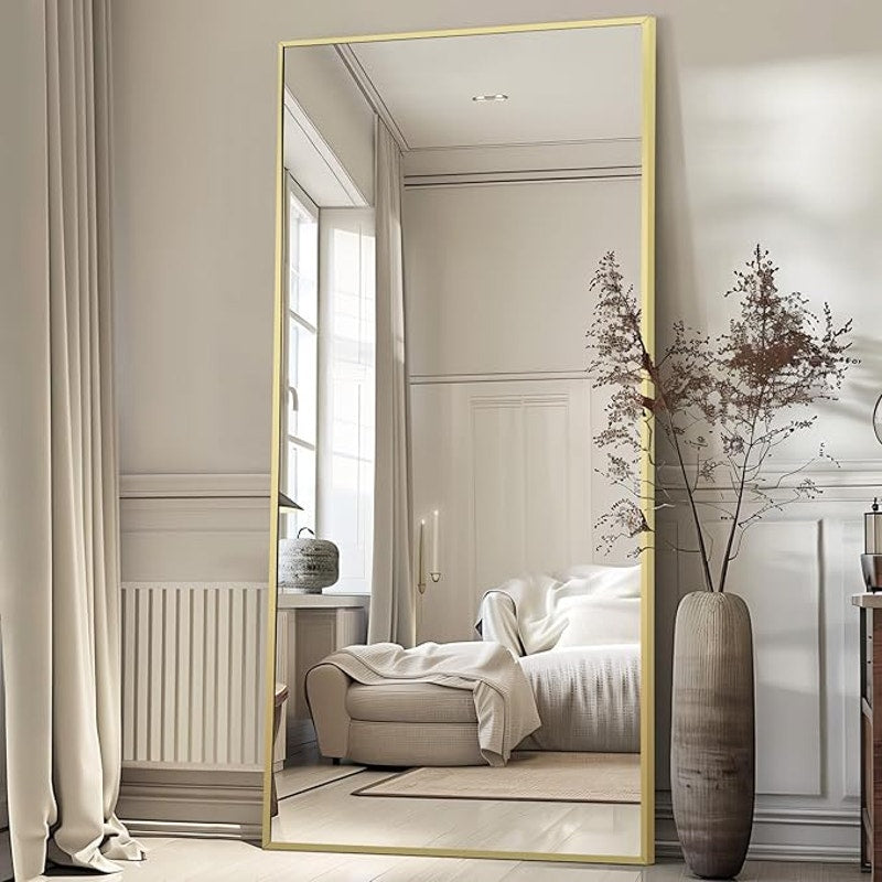 Full Length Mirror, 76"x34" Oversized Floor, Free Standing, Gold, Tempered Glass, Large Full Body