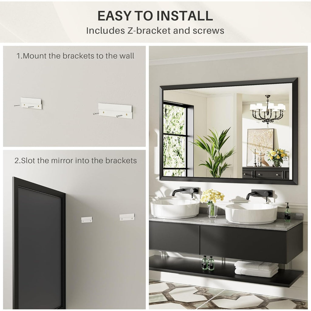 55x30 Inch Black Bathroom Mirror for Wall,Thick Metal Framed Rectangle, Anti-Rust,HD Tempered Glass