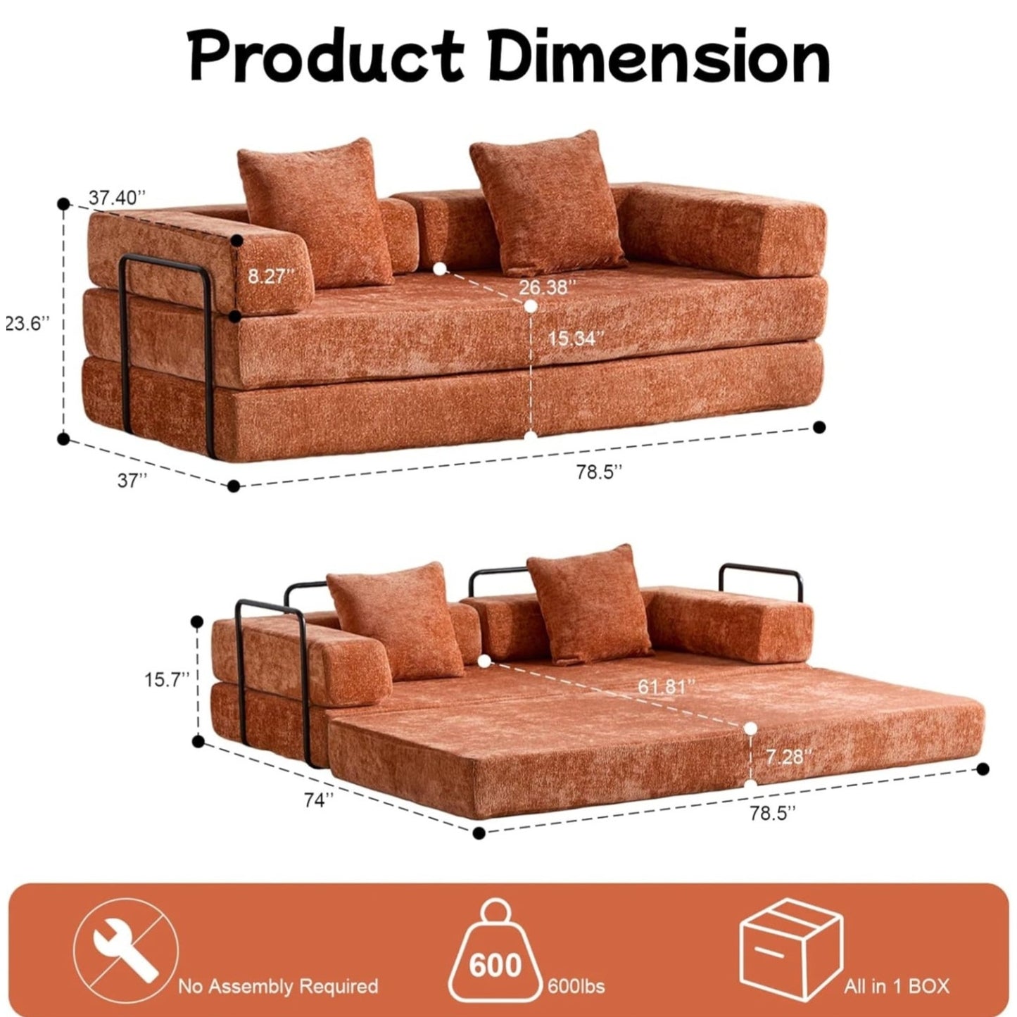 Convertible Floor Sofa Bed, Foldable Mattress Cloud Couch with Pillow Back & Armrest, Chenille Sleeper Sofa Bed with Fixed-Shape Frame, Compressed Couch for Living