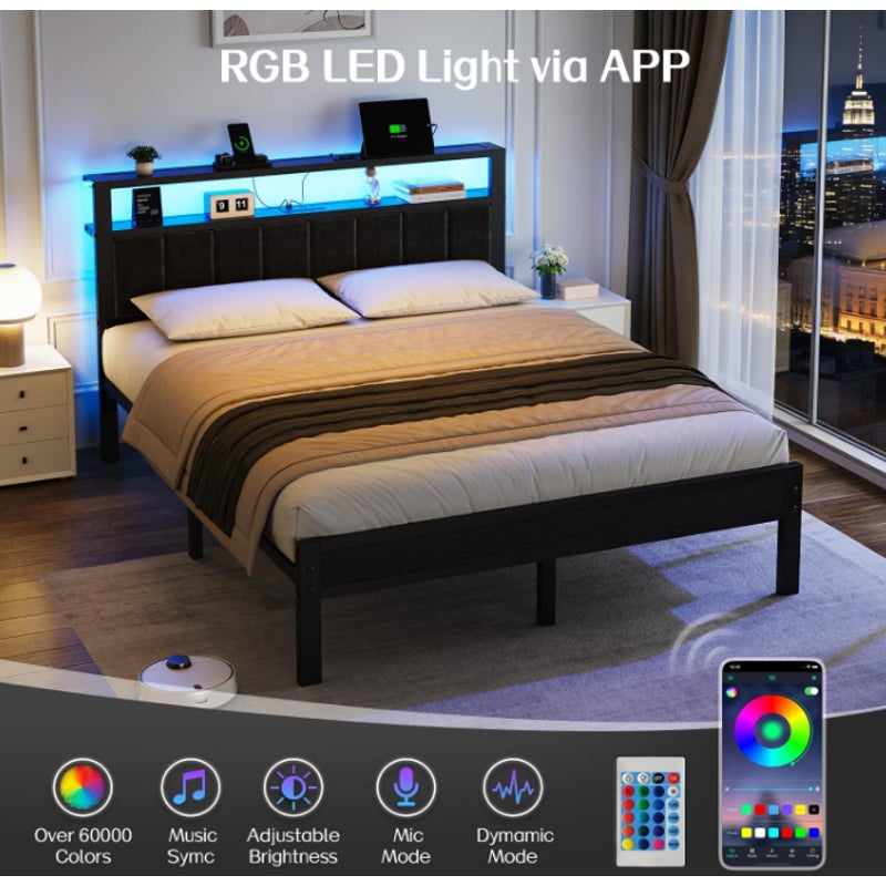OLEVS Queen Size Bed Frame with LED Lights & Charging Station