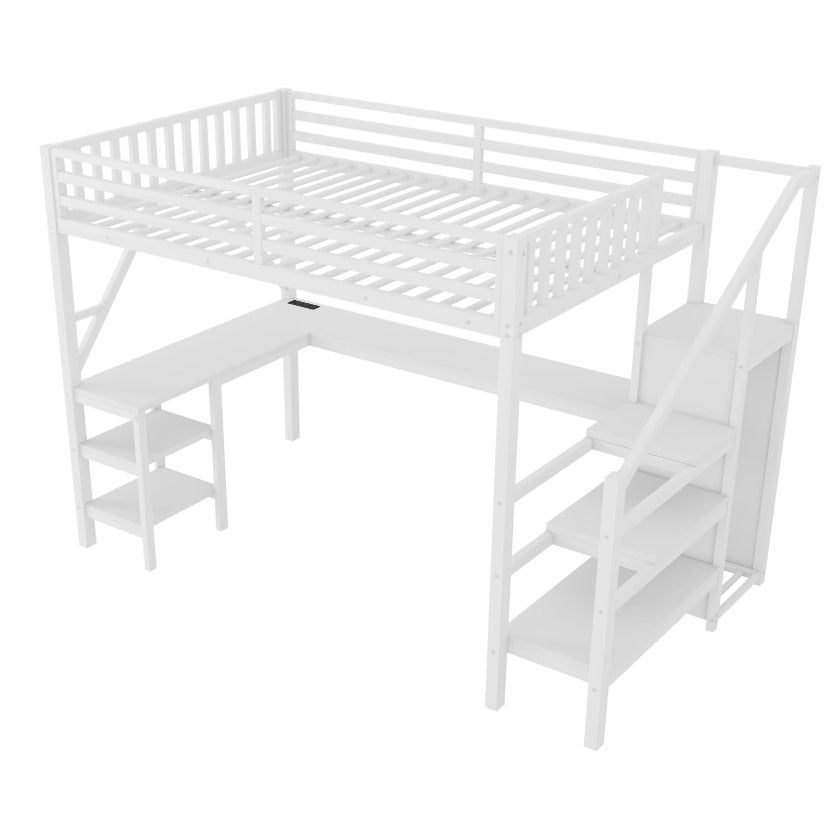Full Size Metal Loft Bed Frame with L-Shaped Desk & Staircase & Wardrobe & USB