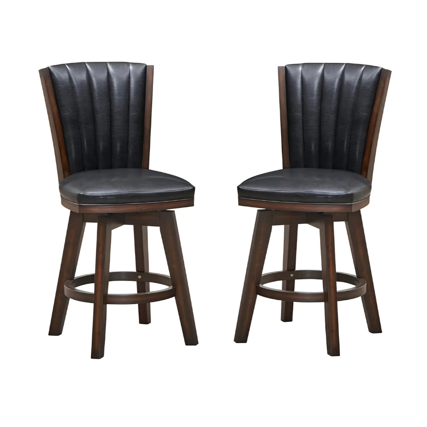 Poundex Furniture 24" Wood Swivel Counter Stool in Black Faux Leather (Set of 2)