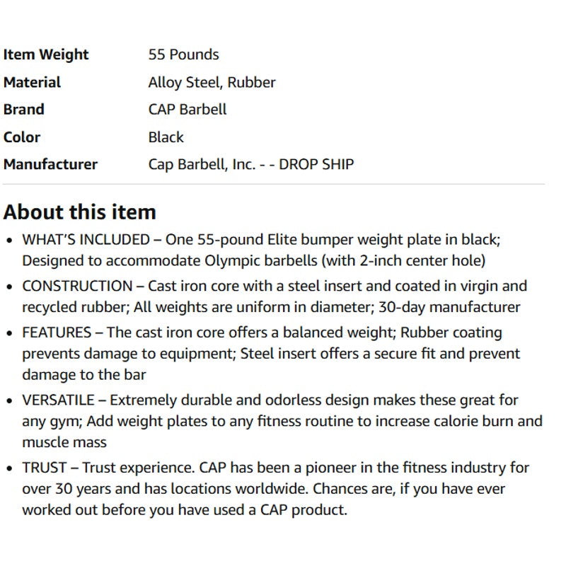 CAP Barbell Rubber Olympic Bumper Plate, ELITE, 55lbs - Single, Black